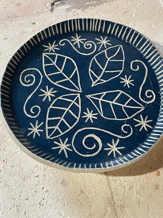Blue sgraffito plate